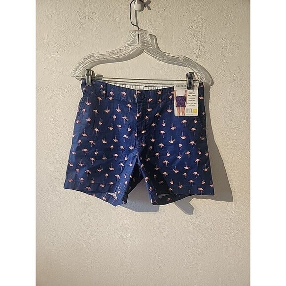 Caribbean Joe Shorts Womens 4 Blue Flamingo Print Classic Fit Pocket Beach NWT - Picture 1 of 4